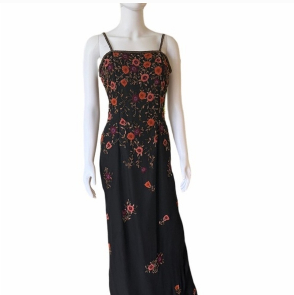 Scala beaded embroider flower detail long dress